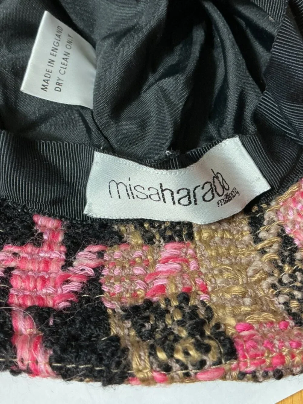 Misa Harada Millinery Wool Blend Pink Brown Black Tweed Houndstooth Bucket Hat